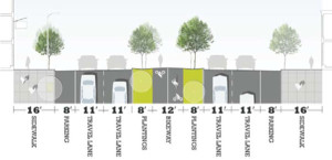 The final design for the Spring Garden Street Greenway put bicyclists in the center of the street. 