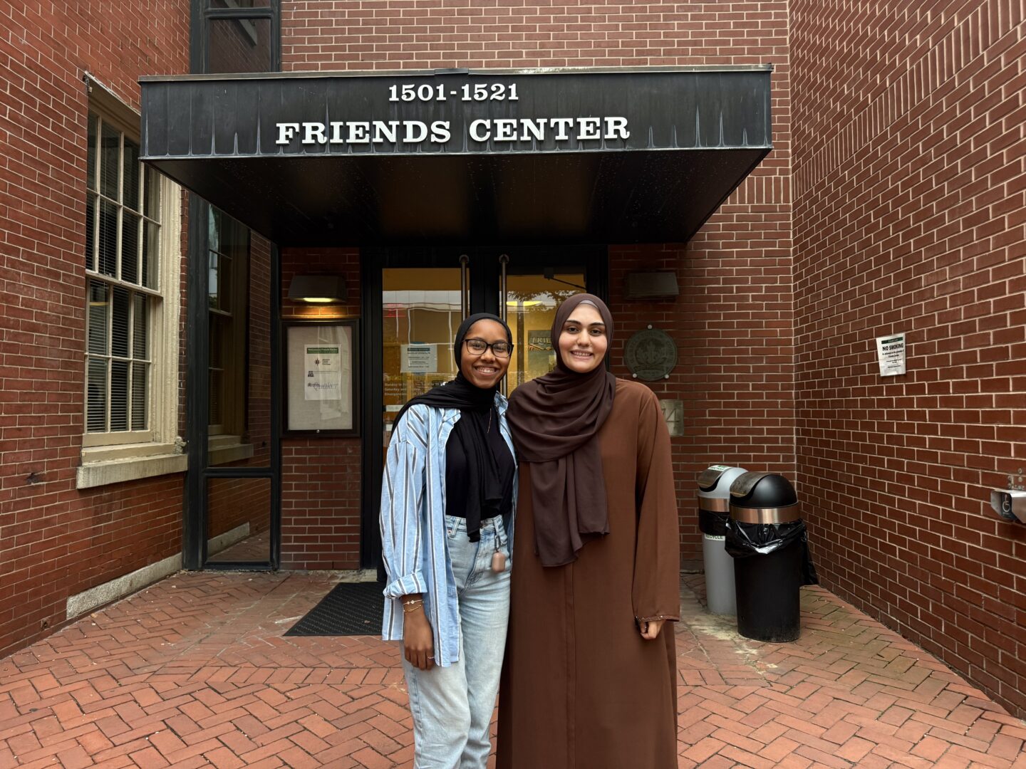 CAIR Philadelphia’s Asiyah Jones and Zeynep Emanet standing outside their office building on Oct. 7,2025. 