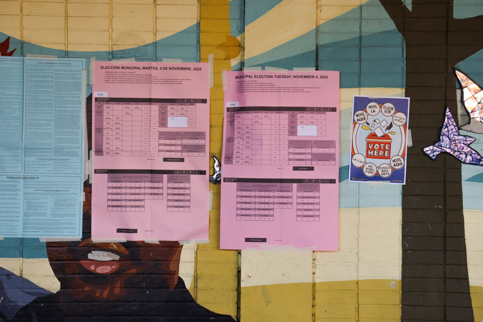 Election information is posted on top of a mural at the Amos Recreation Center in North Philadelphia on Tuesday, Nov. 11, 2025.