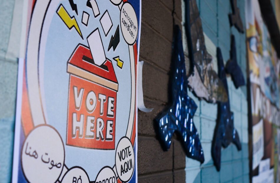 A voting sign is posted on the outside of the Amos Recreation Center in North Philadelphia on Tuesday, Nov. 11, 2025.